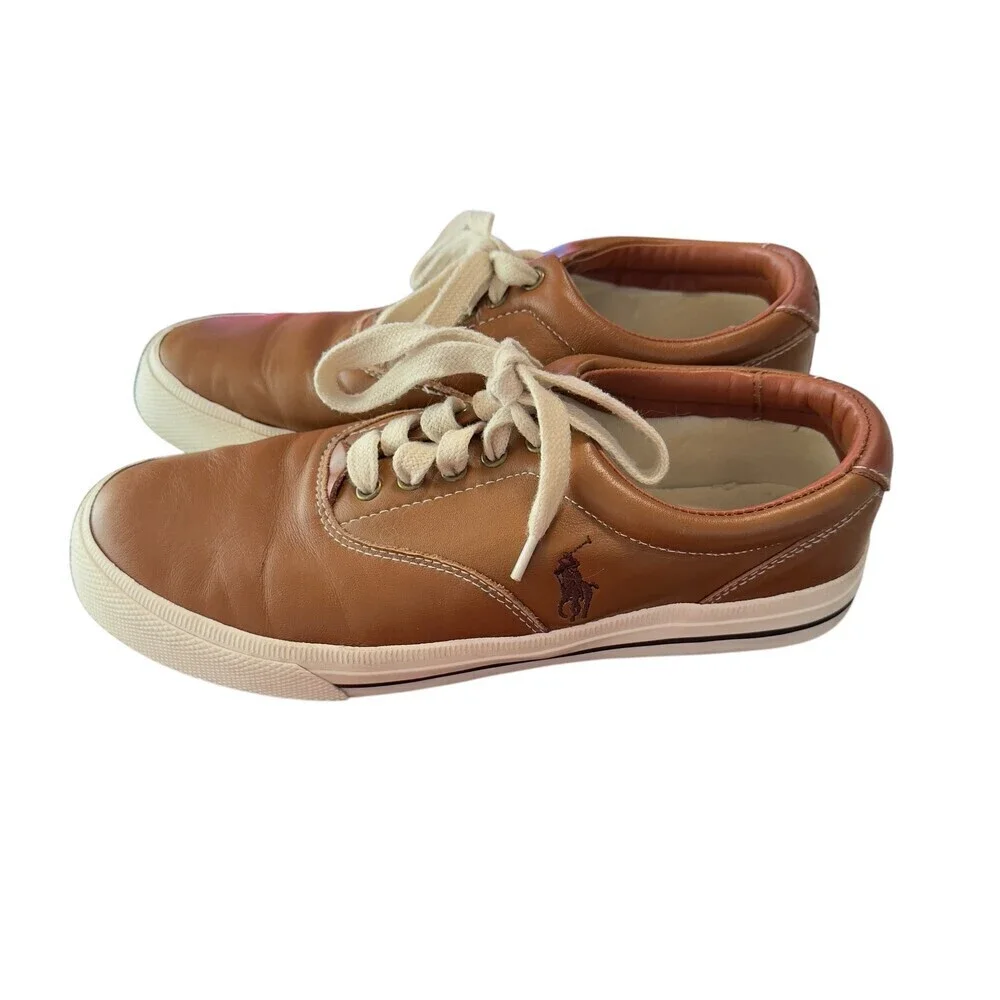 Polo Ralph Lauren Mens SoftBrown Leather Sneakers Size 9.5 - Picture 4 of 7